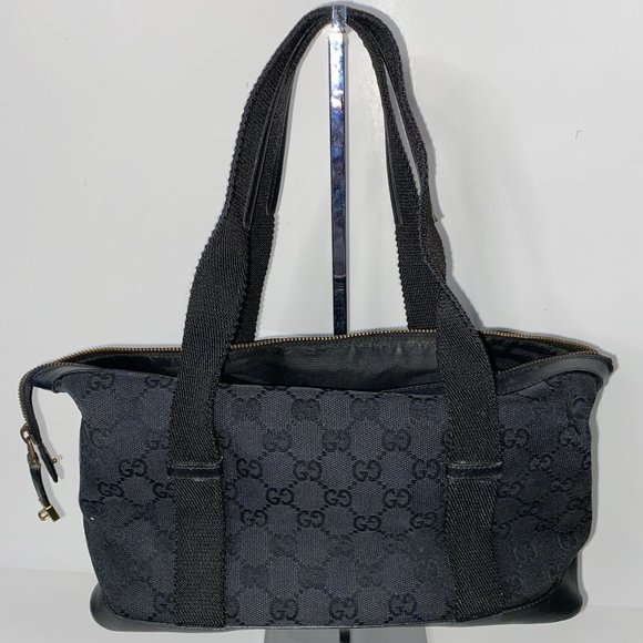 Gucci Black GG Monogram Canvas Leather Trim Tote Bag - Picture 2 of 5